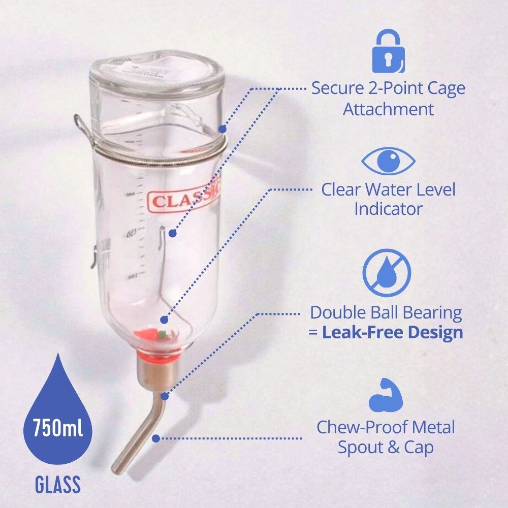 Classic Glass Drinking Bottle 750ml (Large) – Water Bottle for Rabbits, Guinea Pigs & Other Small Pets