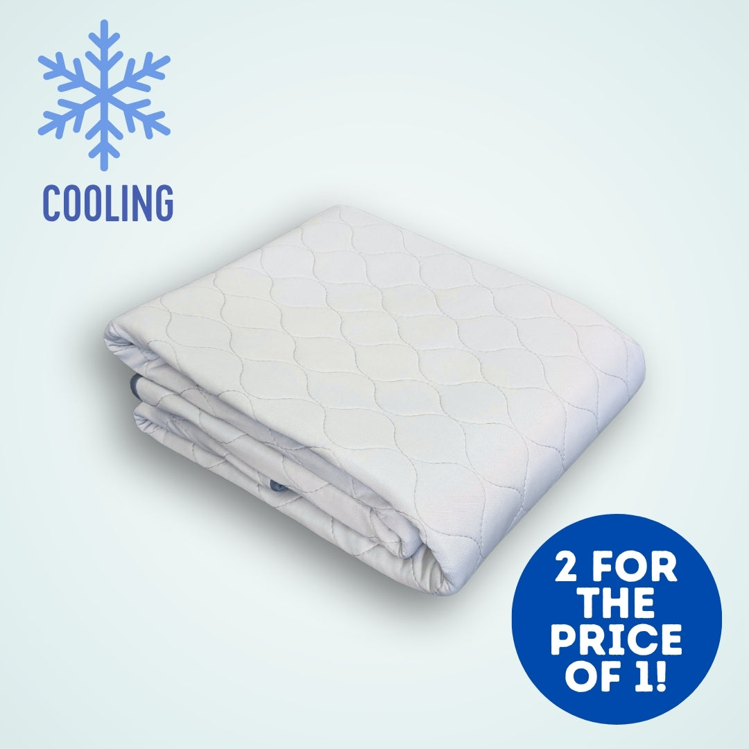 A folded white quilted cooling liner shown on a pale blue background with a blue snowflake icon and the word 'COOLING' in the top left, and a blue circular badge reading '2 FOR THE PRICE OF 1!' in the bottom right.