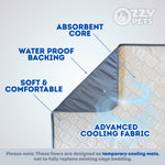 A product feature graphic for an Ozzy Pets cooling mat liner, showing a corner of the mat with callout labels for absorbent core, water proof backing, soft & comfortable surface, and advanced cooling fabric, plus a note that the liners are temporary cooling mats rather than full replacement cage bedding.