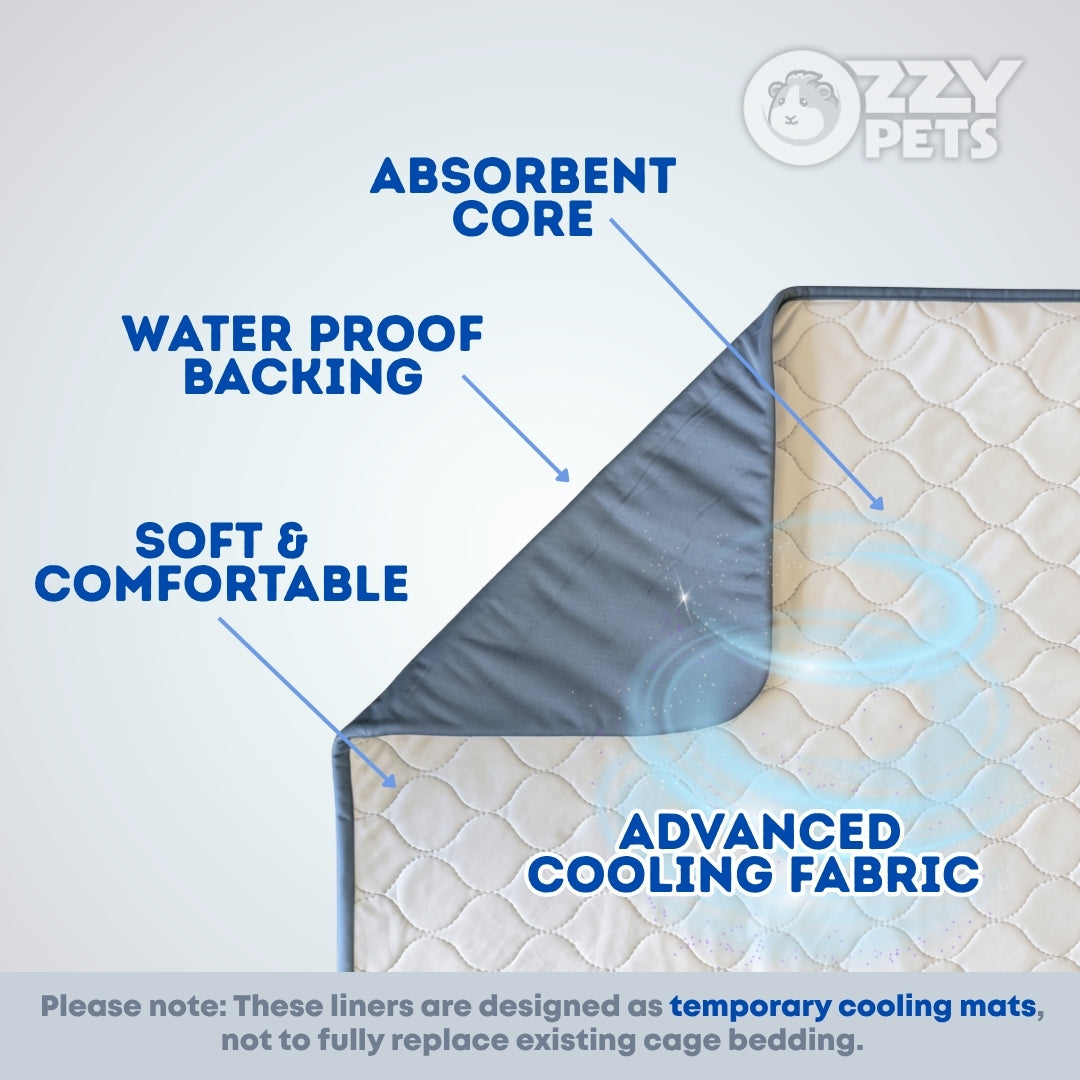 A product feature graphic for an Ozzy Pets cooling mat liner, showing a corner of the mat with callout labels for absorbent core, water proof backing, soft & comfortable surface, and advanced cooling fabric, plus a note that the liners are temporary cooling mats rather than full replacement cage bedding.