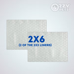Two white textured pet pee pads with a diamond pattern, labeled '2X6 (2 OF THE 2X3 LINERS)' in blue text, shown on a light gray background with the 'OZZY PETS' logo in the top right corner.