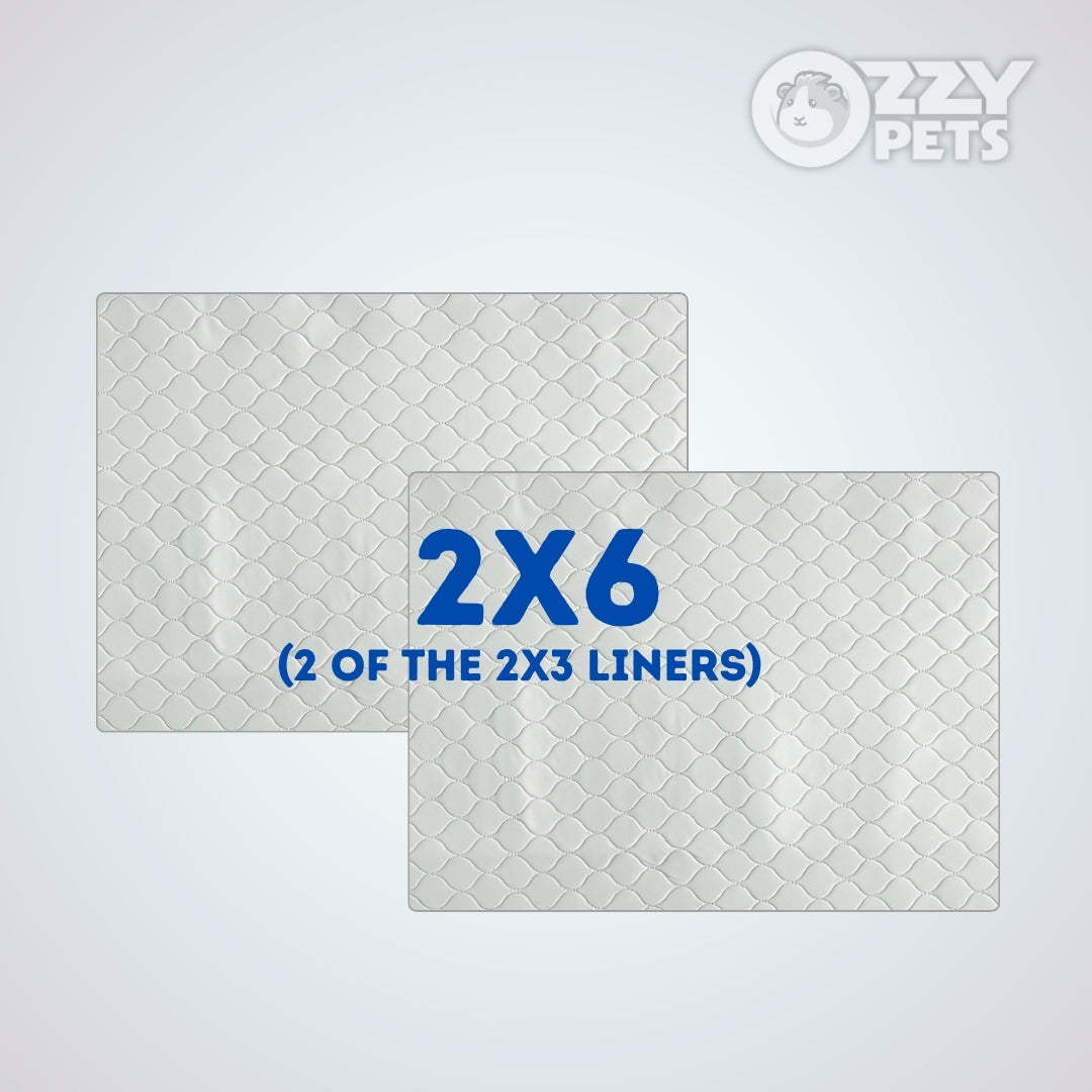Two white textured pet pee pads with a diamond pattern, labeled '2X6 (2 OF THE 2X3 LINERS)' in blue text, shown on a light gray background with the 'OZZY PETS' logo in the top right corner.